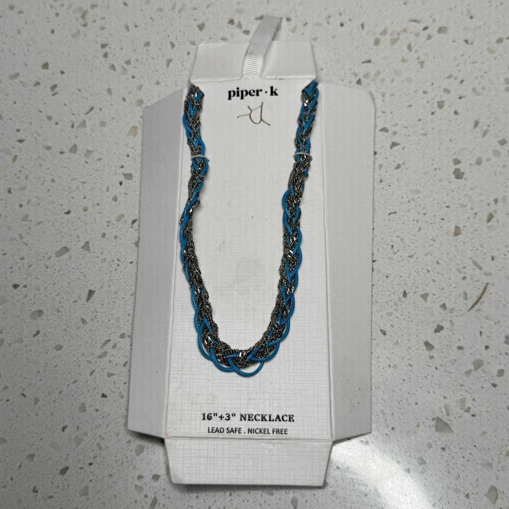 Piper K Braided Chain Necklace Blue Silver Tone 16+3 Inch Statement Jewelry